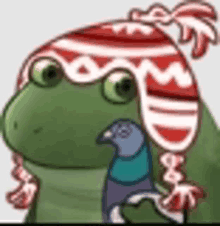 a frog wearing a red and white hat with a pigeon on its back .