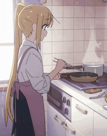 a girl in an apron is cooking on a stove with chopsticks
