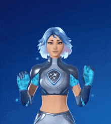 a woman with blue hair and blue gloves is wearing a superhero outfit .