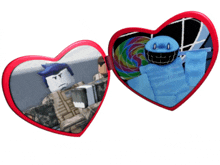 two red hearts with a picture of a soldier and a blue robot
