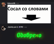 a screenshot of a conversation between pinkiy pie and lokoroch1k with a green glowing arrow pointing down