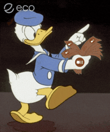 a cartoon of donald duck holding a book with the word eco on the bottom