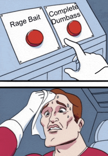 a cartoon of a man pressing rage bait and complete dumbass buttons