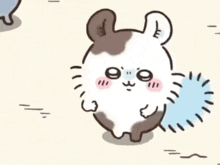 a cartoon drawing of a brown and white hamster with a blue ball in its paws .