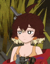a cartoon drawing of a girl with a sword in her hair