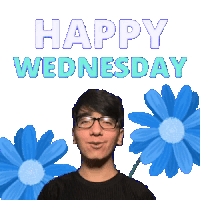 a man with glasses is surrounded by blue flowers and the words " happy wednesday "