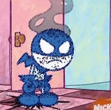 a cartoon character is standing in front of a door with smoke coming out of his mouth .