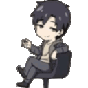 a chibi boy is sitting in a chair with his legs crossed and a cigarette in his hand .