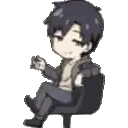 a chibi boy is sitting in a chair with his legs crossed and a cigarette in his hand .