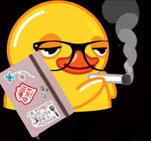 a yellow duck with glasses is smoking a cigarette and holding a notebook that says i 'm working late