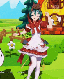 a cartoon girl with a cat on her head is dancing in a field