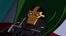 a cartoon character with a green cape is sitting in a chair