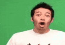 a man with a surprised look on his face is wearing a white shirt .