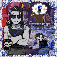 a cartoon character says greetings good afternoon on a picture