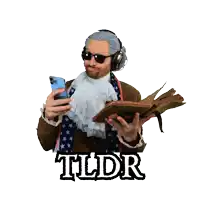 a man in a costume is holding a book and looking at his phone with the word tldr written below him