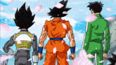 a cartoon of three men standing next to each other with petals flying in the background