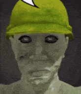 a close up of a person wearing a green hat with a speech bubble on it .