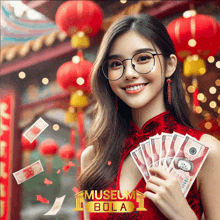 a woman in a red dress is holding a bunch of money in front of a museum bola logo