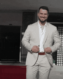 a man in a suit adjusts his jacket while standing on a red carpet