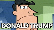 a cartoon of a man with a mustache and the words `` donald trump '' behind him .