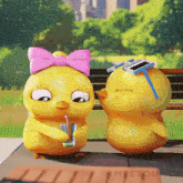 two cartoon chickens are sitting on a bench drinking from straws