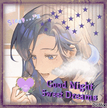a picture of a woman holding a heart with the words good night sweet dreams