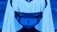 a close up of a person 's face with a blue background