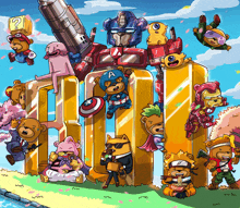 a group of teddy bears are standing around a sign that says hulk