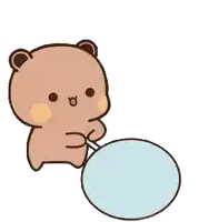 a cartoon bear is standing next to a blue ball with a lollipop in its mouth .