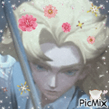 a picture of a man with flowers in his hair has the word picmix on the bottom