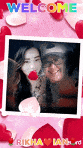 a picture of a man and a woman with the words welcome rika ian surrounded by hearts
