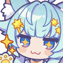 a cartoon drawing of a girl with blue hair and stars on her head
