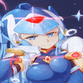 a cartoon character with blue hair and a red heart on her head