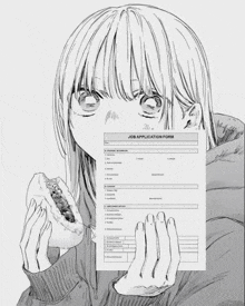a girl is eating a hamburger and holding a job application form .