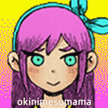 a drawing of a girl with pink hair and blue eyes with the words okininesumama on the bottom .