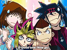 a group of anime characters are posing for a picture and one of them says g-good one now go