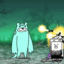 a cartoon bear is standing next to a cartoon cat with a gun in a video game .