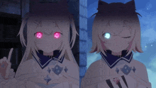 two anime girls with red eyes and blue eyes