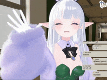 a girl with white hair and a purple fur coat is talking to someone