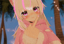 a girl with pink hair is wearing a pink shirt that says one on it