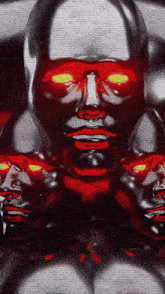 a close up of a robot with red eyes