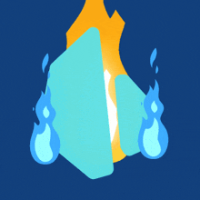 a cartoon illustration of a fire with a blue and yellow object in the middle