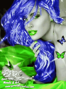 a woman with blue hair and green lips is surrounded by butterflies from gina 101 creative