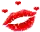 a pixel art of a kiss with hearts surrounding it on a white background .