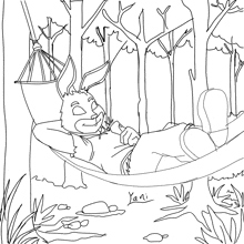 a black and white drawing of a rabbit laying in a hammock with the name yani on the bottom