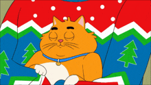 a cartoon cat is wearing a christmas sweater with trees on it
