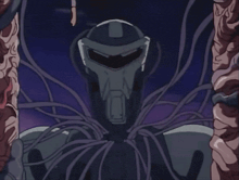 a cartoon drawing of a robot with red eyes