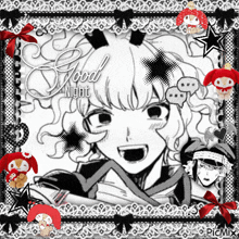 a black and white drawing of a girl with the words good night written above her