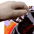 a close up of a person 's hand holding a piece of food in front of a cartoon character .