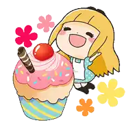 a cartoon girl is sitting next to a cupcake with sprinkles and a cherry on top